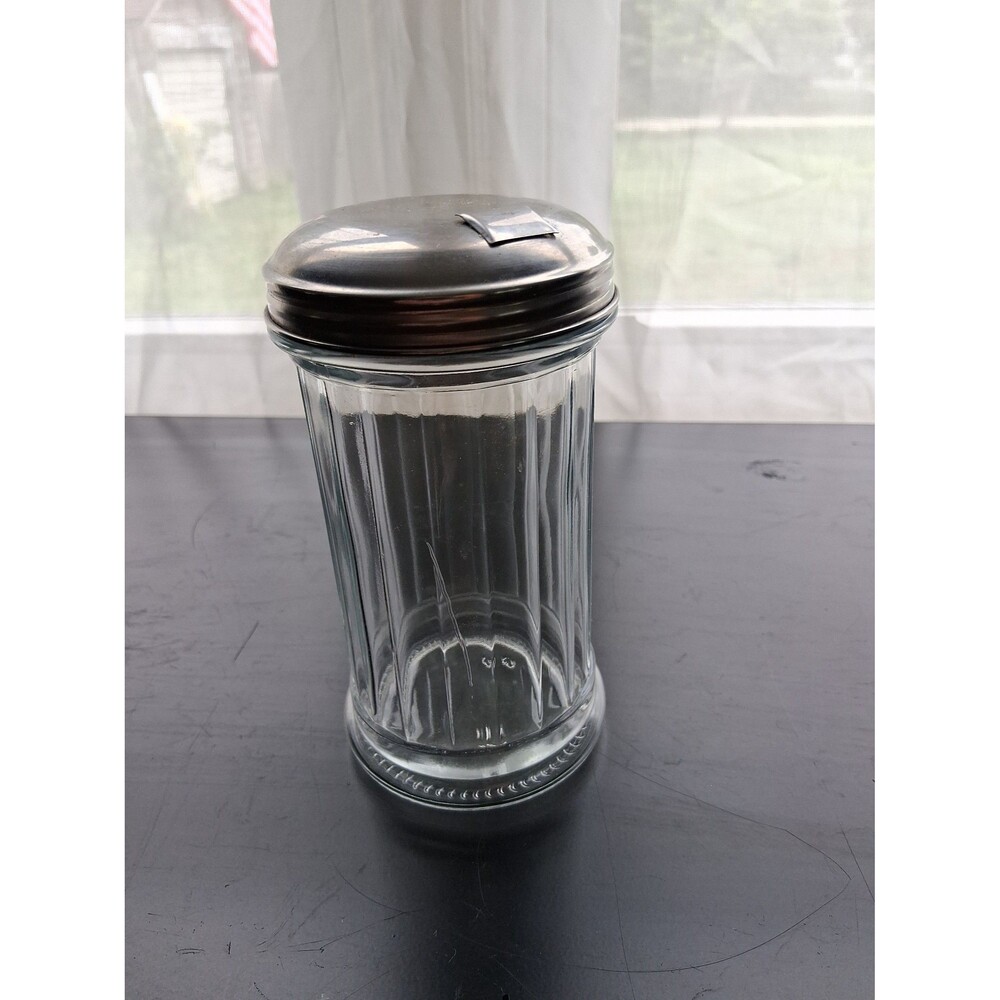 12 Oz Retro Sugar Dispenser Clear Glass Jar Stainless Steel w/Pour Flap Lid